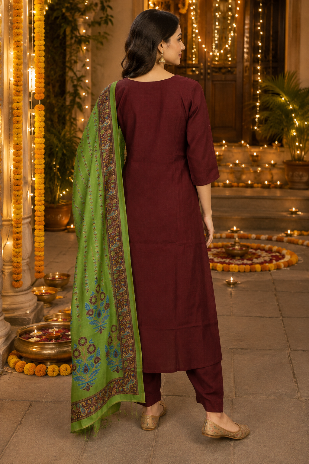 Maroon Embroidered Kurta Pant Set with Printed Dupatta - Image 3