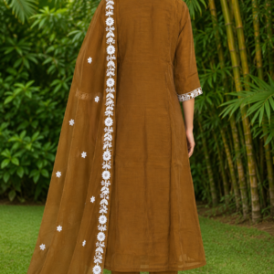 A-Line Mul Chanderi Embroidered Kurta Pant with Dupatta Set - Thumbnail Image 3