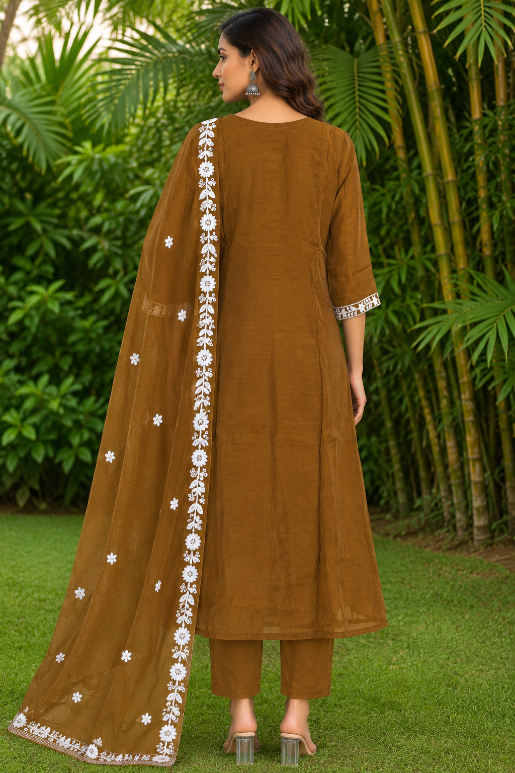 A-Line Mul Chanderi Embroidered Kurta Pant with Dupatta Set - Image 3