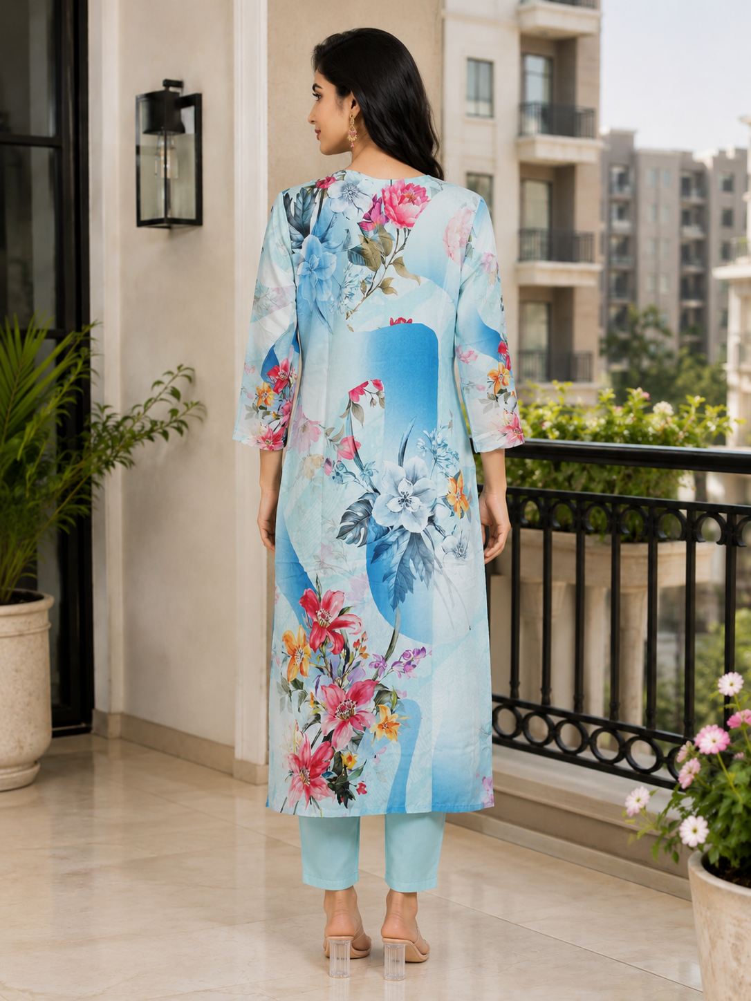 Rayon Print Suit Set with Stone work and Floral Digital Print - Image 3