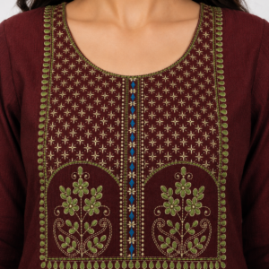 Maroon Embroidered Kurta Pant Set with Printed Dupatta - Thumbnail Image 4