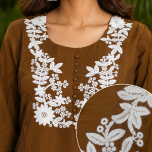 A-Line Mul Chanderi Embroidered Kurta Pant with Dupatta Set - Thumbnail Image 4