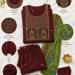 Maroon Embroidered Kurta Pant Set with Printed Dupatta - Thumbnail Image 6