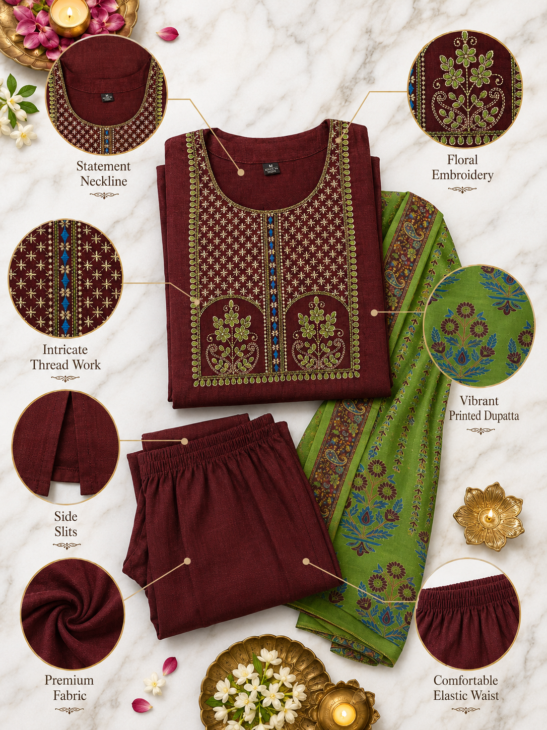 Maroon Embroidered Kurta Pant Set with Printed Dupatta - Image 6