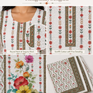 Schiffli Cotton Suit Pant Set with Dupatta, Premium Digital Floral Print - Thumbnail Image 5