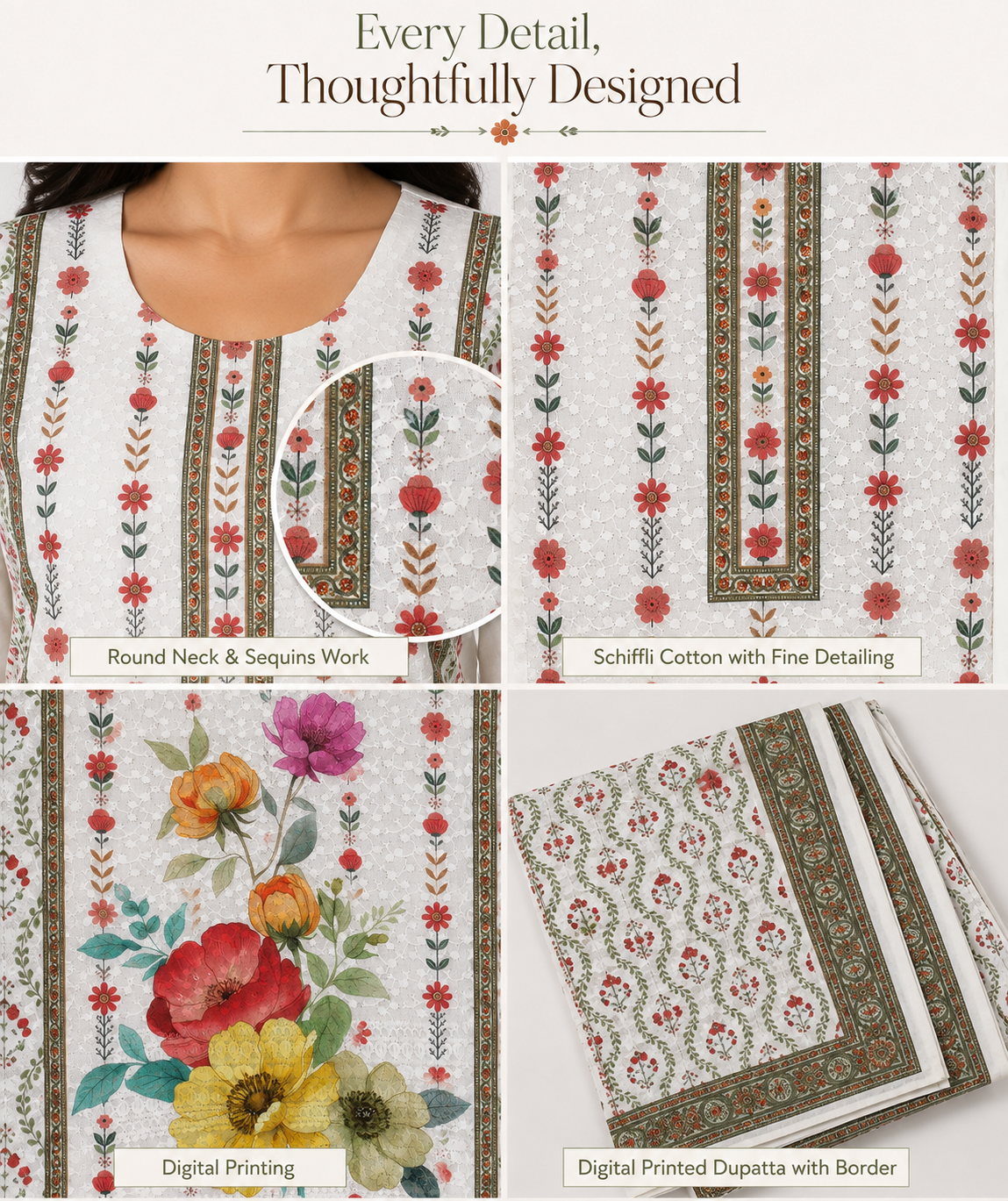 Schiffli Cotton Suit Pant Set with Dupatta, Premium Digital Floral Print - Image 5