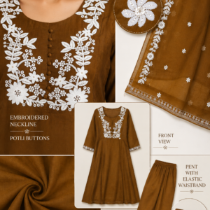 A-Line Mul Chanderi Embroidered Kurta Pant with Dupatta Set - Thumbnail Image 6