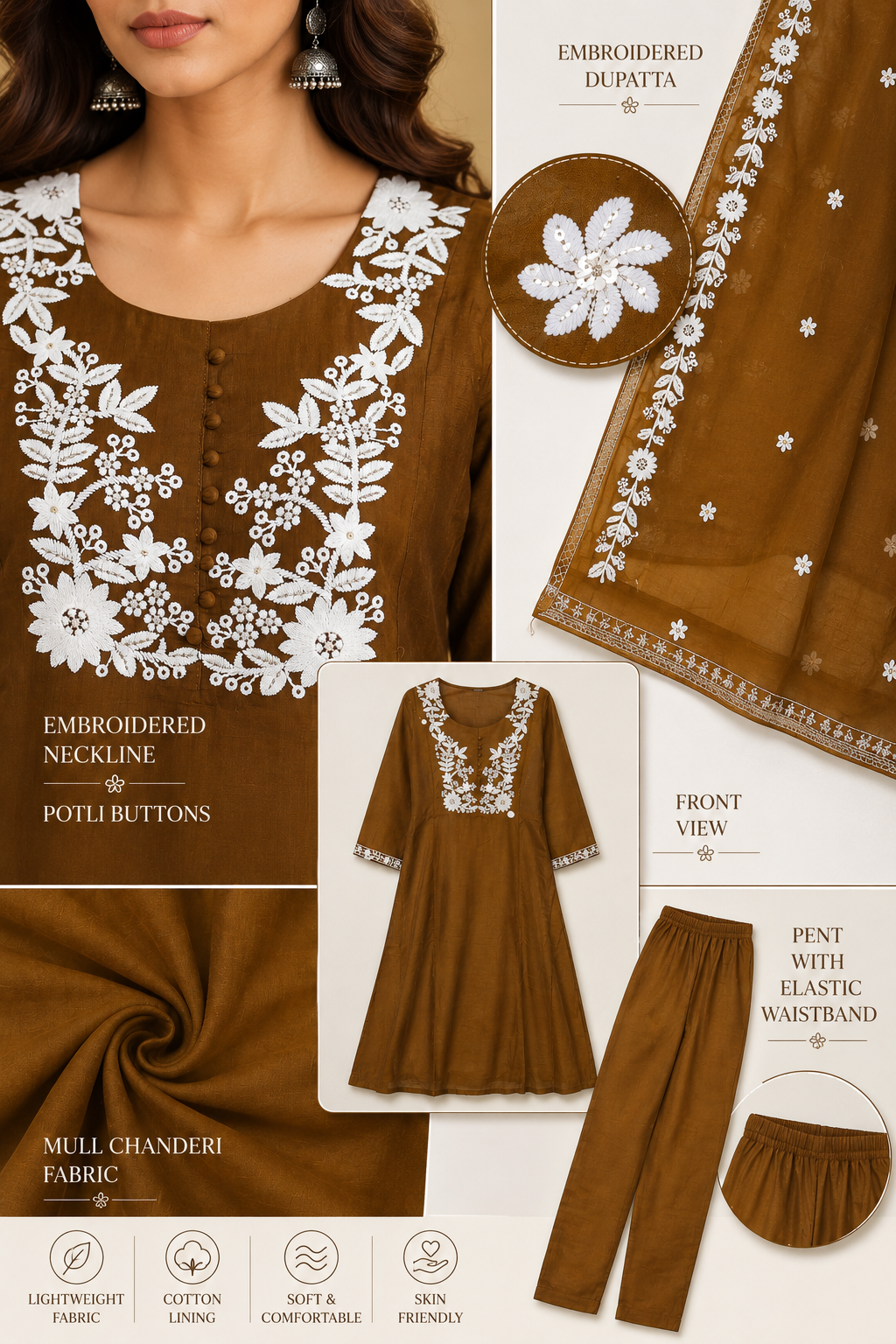 A-Line Mul Chanderi Embroidered Kurta Pant with Dupatta Set - Image 6