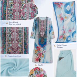 Rayon Print Suit Set with Stone work and Floral Digital Print - Thumbnail Image 5