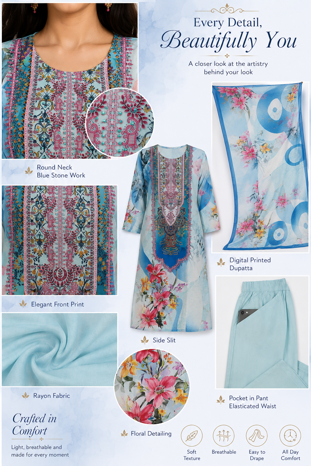 Rayon Print Suit Set with Stone work and Floral Digital Print - Image 5