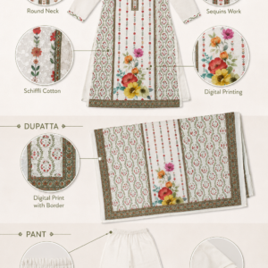 Schiffli Cotton Suit Pant Set with Dupatta, Premium Digital Floral Print - Thumbnail Image 6