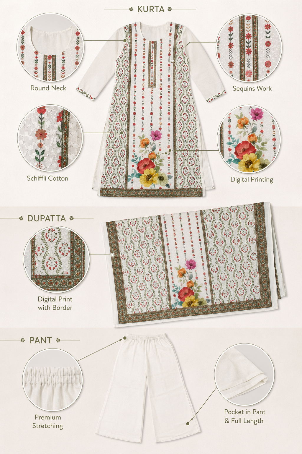 Schiffli Cotton Suit Pant Set with Dupatta, Premium Digital Floral Print - Image 6