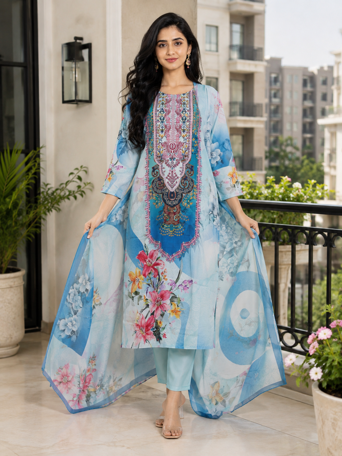 Rayon Print Suit Set with Stone work and Floral Digital Print - Image 1