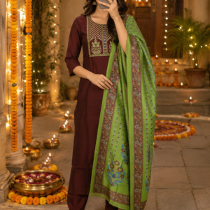 Maroon Embroidered Kurta Pant Set with Printed Dupatta