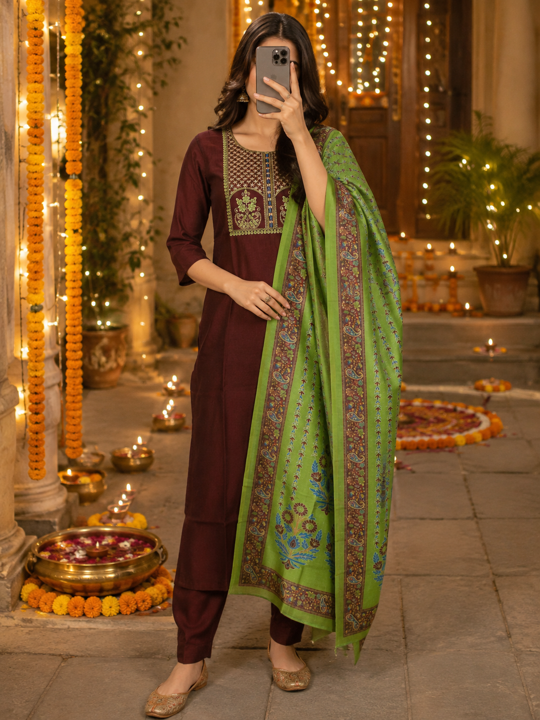 Maroon Embroidered Kurta Pant Set with Printed Dupatta - Image 1