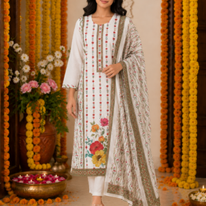 Schiffli Cotton Suit Pant Set with Dupatta, Premium Digital Floral Print