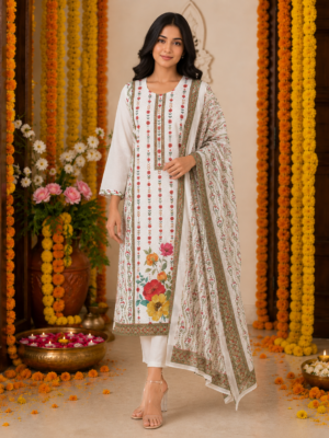 Schiffli Cotton Suit Pant Set with Dupatta, Premium Digital Floral Print