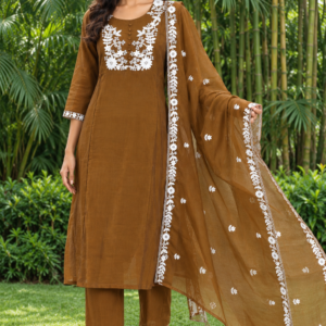 A-Line Mul Chanderi Embroidered Kurta Pant with Dupatta Set