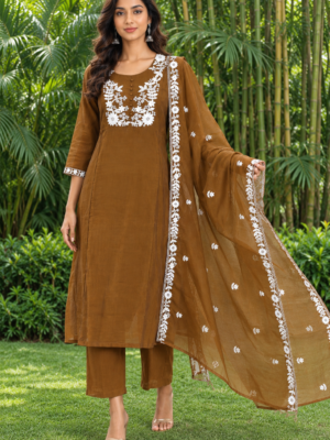 A-Line Mul Chanderi Embroidered Kurta Pant with Dupatta Set