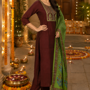 Maroon Embroidered Kurta Pant Set with Printed Dupatta - Thumbnail Image 2