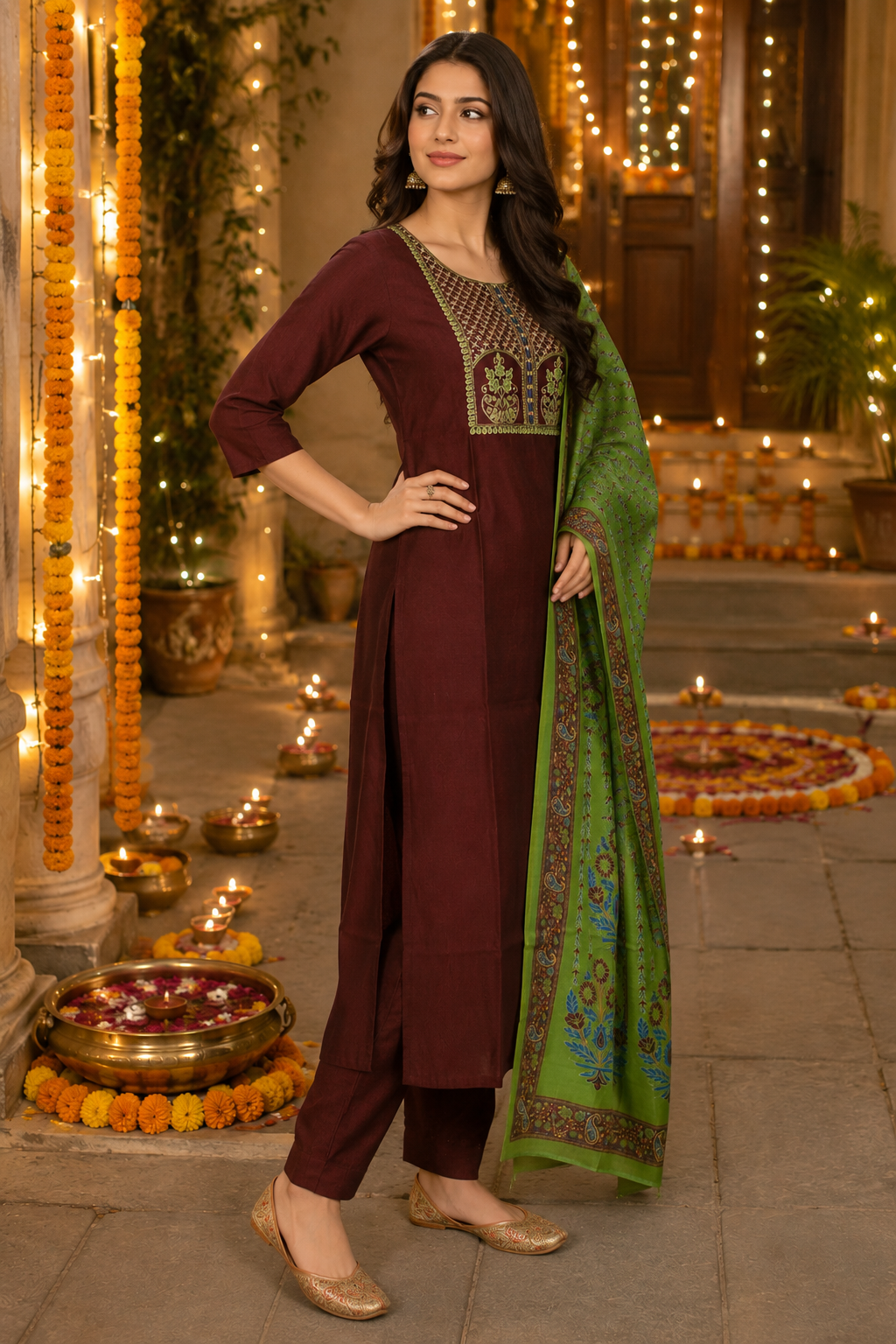 Maroon Embroidered Kurta Pant Set with Printed Dupatta - Image 2