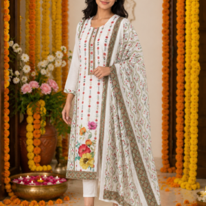 Schiffli Cotton Suit Pant Set with Dupatta, Premium Digital Floral Print - Thumbnail Image 2