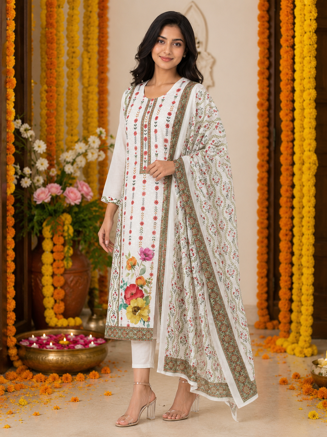 Schiffli Cotton Suit Pant Set with Dupatta, Premium Digital Floral Print - Image 2