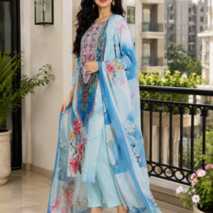 Rayon Print Suit Set with Stone work and Floral Digital Print - Thumbnail Image 2