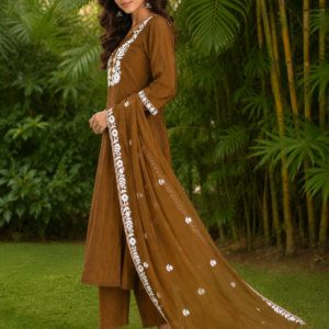 A-Line Mul Chanderi Embroidered Kurta Pant with Dupatta Set - Thumbnail Image 2