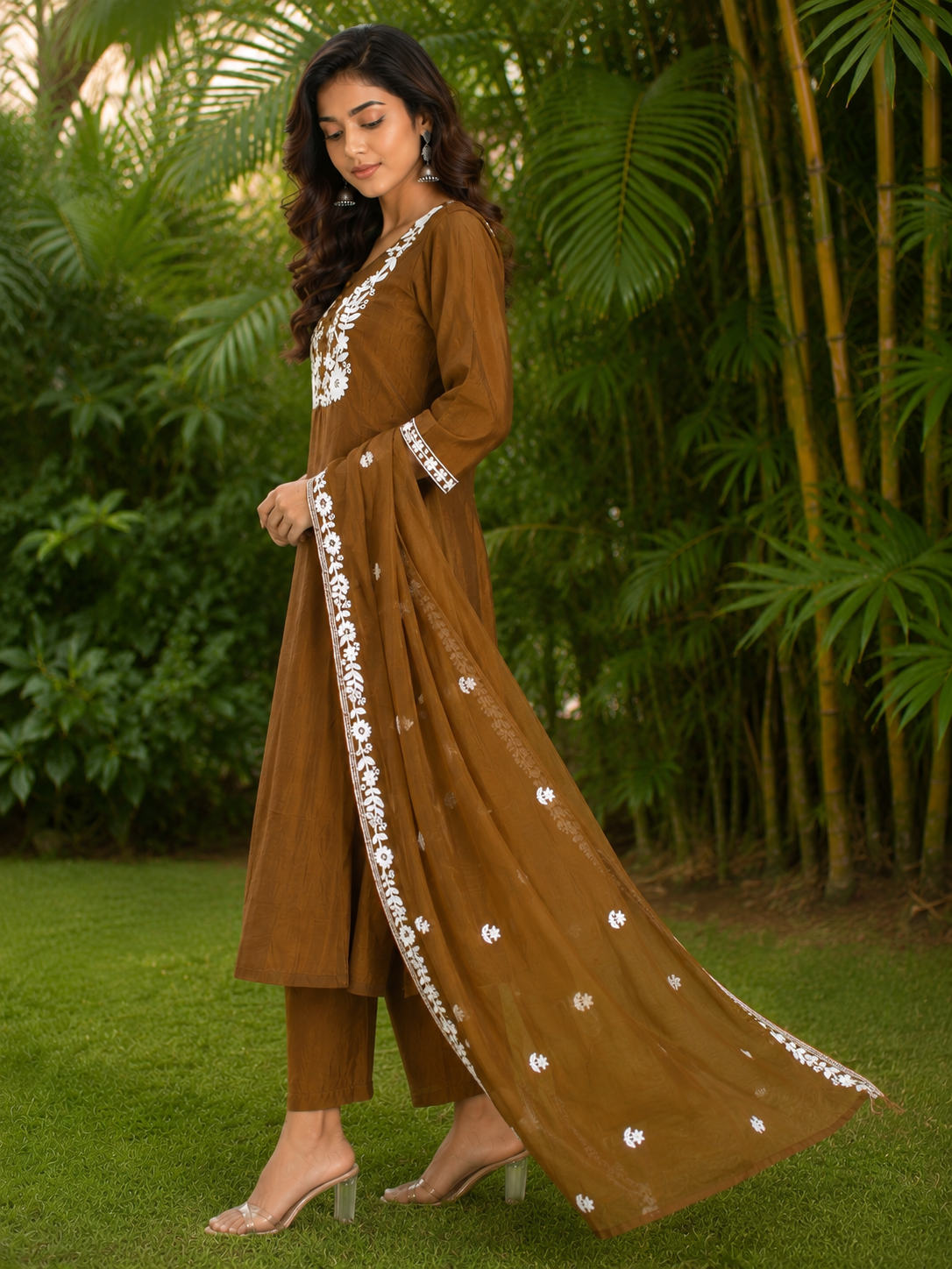 A-Line Mul Chanderi Embroidered Kurta Pant with Dupatta Set - Image 2