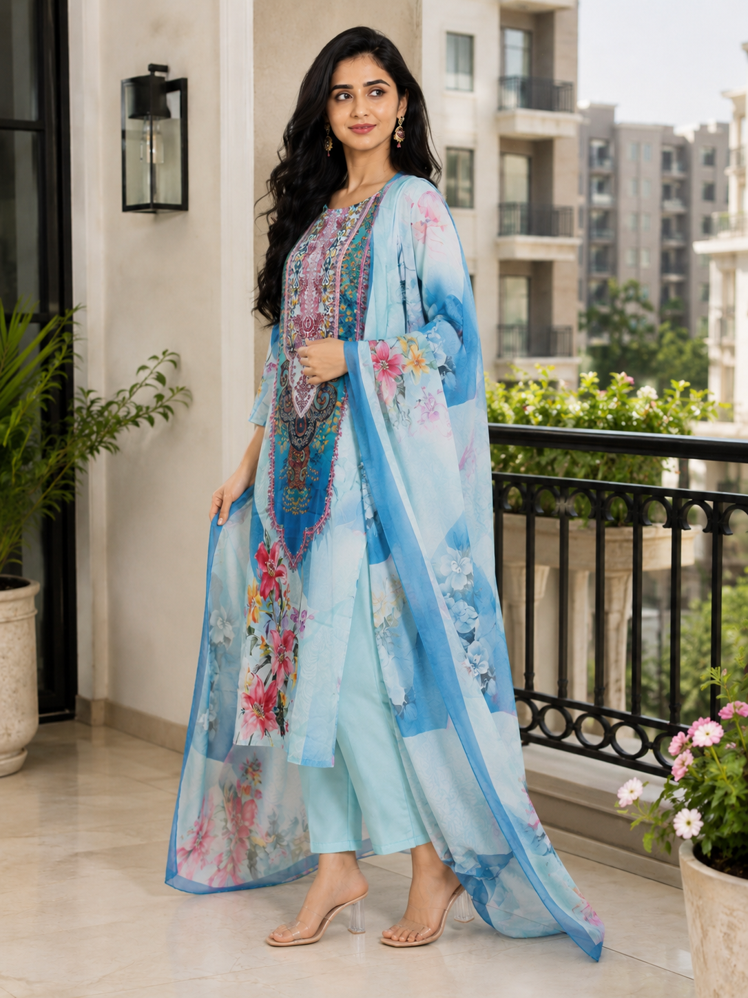 Rayon Print Suit Set with Stone work and Floral Digital Print - Image 2