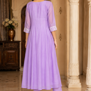 Chanderi Silk Anarkali Lavender Floral Embroidered Suit Set with Dupatta - Thumbnail Image 2