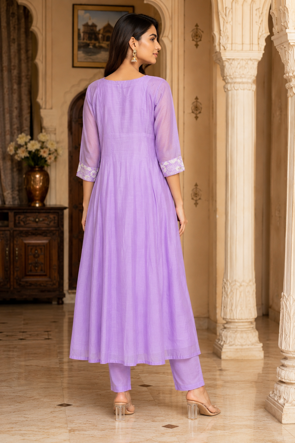 Chanderi Silk Anarkali Lavender Floral Embroidered Suit Set with Dupatta - Image 2