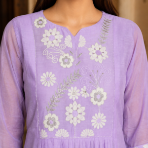 Chanderi Silk Anarkali Lavender Floral Embroidered Suit Set with Dupatta - Thumbnail Image 3