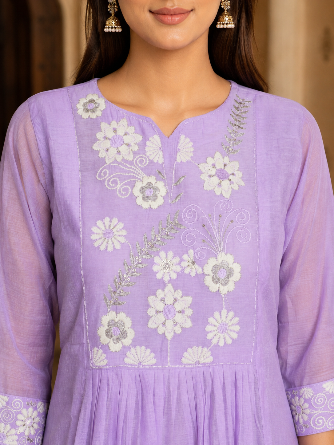 Chanderi Silk Anarkali Lavender Floral Embroidered Suit Set with Dupatta - Image 3