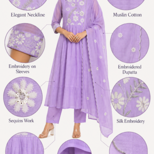 Chanderi Silk Anarkali Lavender Floral Embroidered Suit Set with Dupatta - Thumbnail Image 7