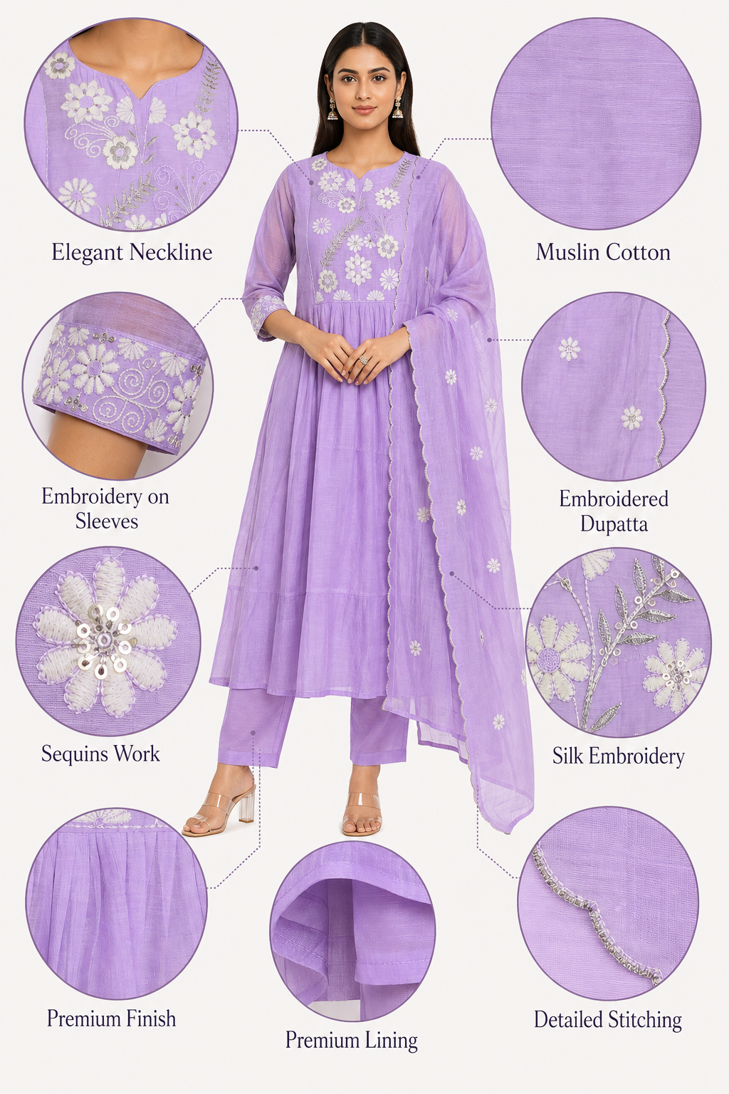 Chanderi Silk Anarkali Lavender Floral Embroidered Suit Set with Dupatta - Image 7