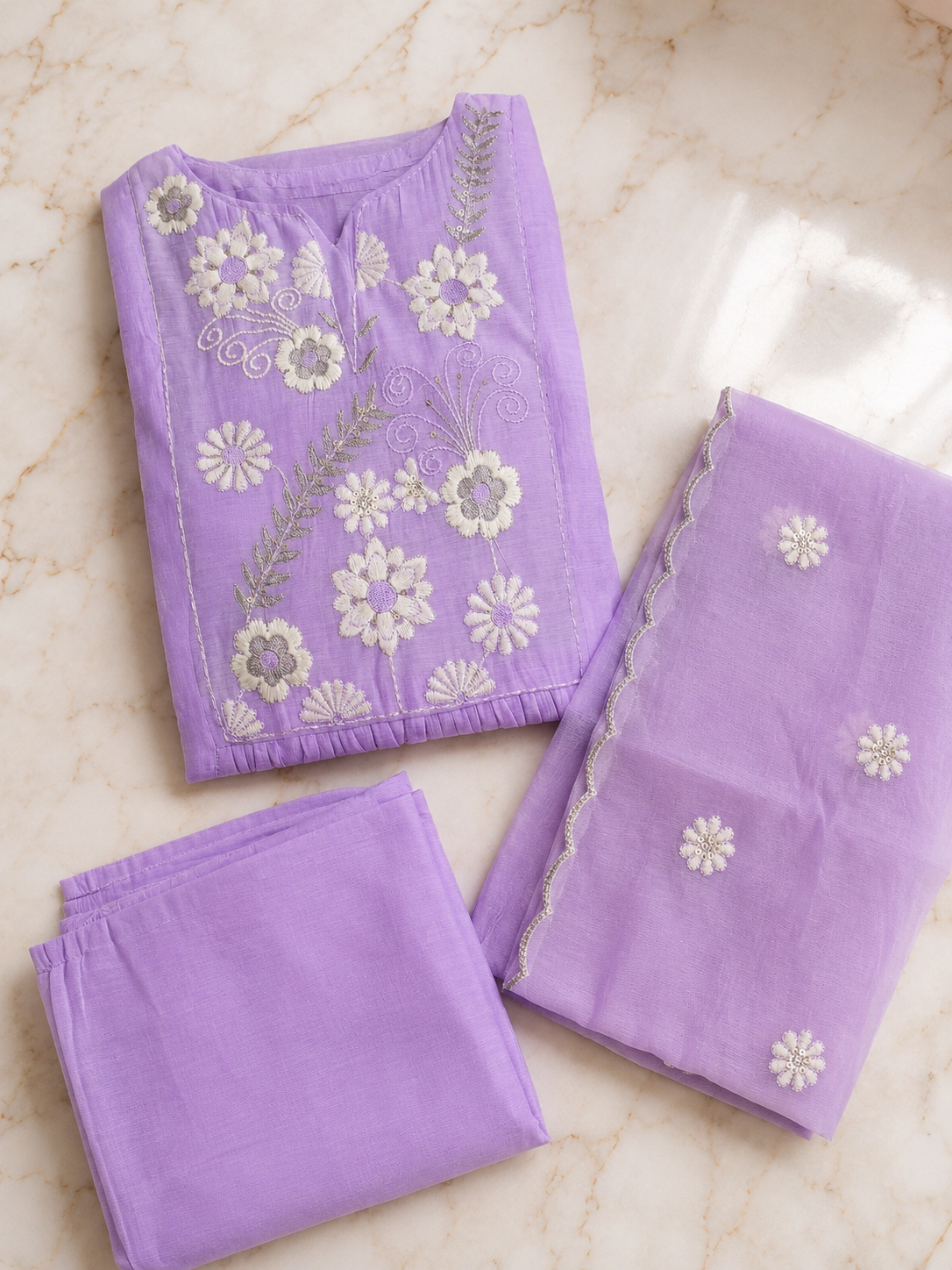 Chanderi Silk Anarkali Lavender Floral Embroidered Suit Set with Dupatta - Image 6