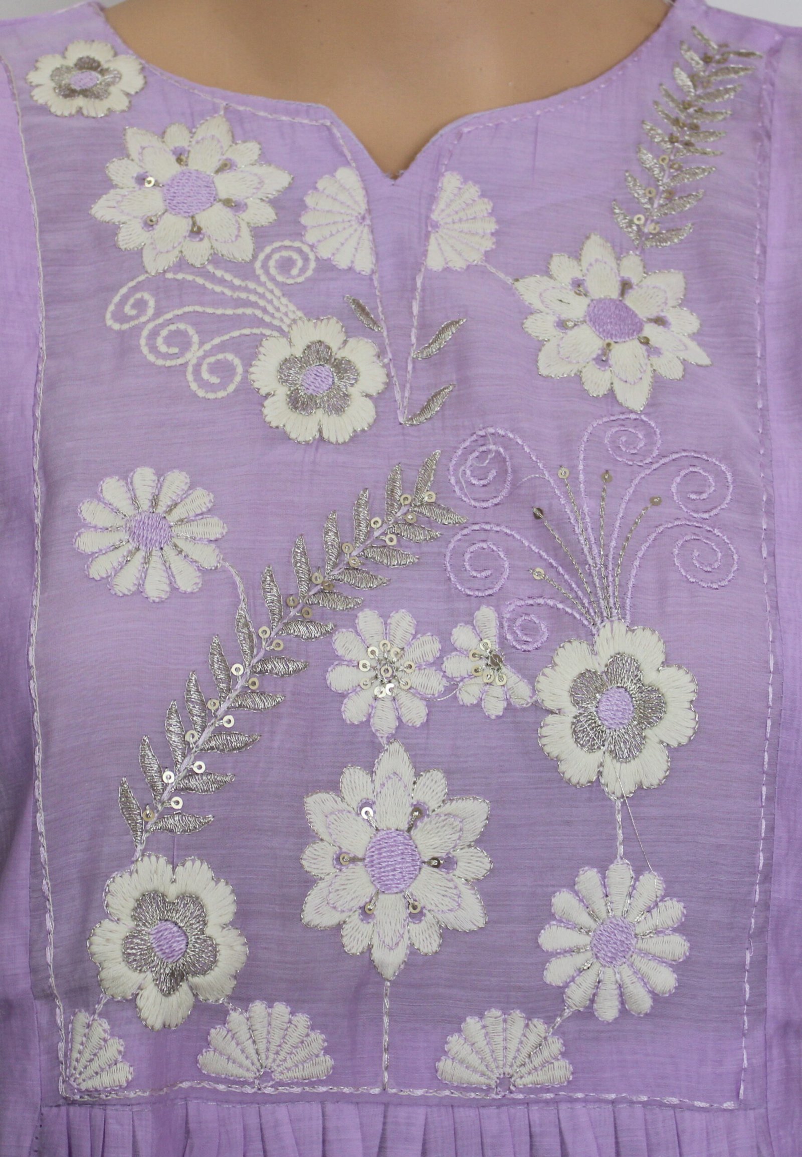 Chanderi Silk Anarkali Lavender Floral Embroidered Suit Set with Dupatta - Image 5