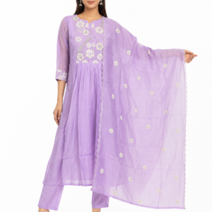 Chanderi Silk Anarkali Lavender Floral Embroidered Suit Set with Dupatta - Thumbnail Image 4