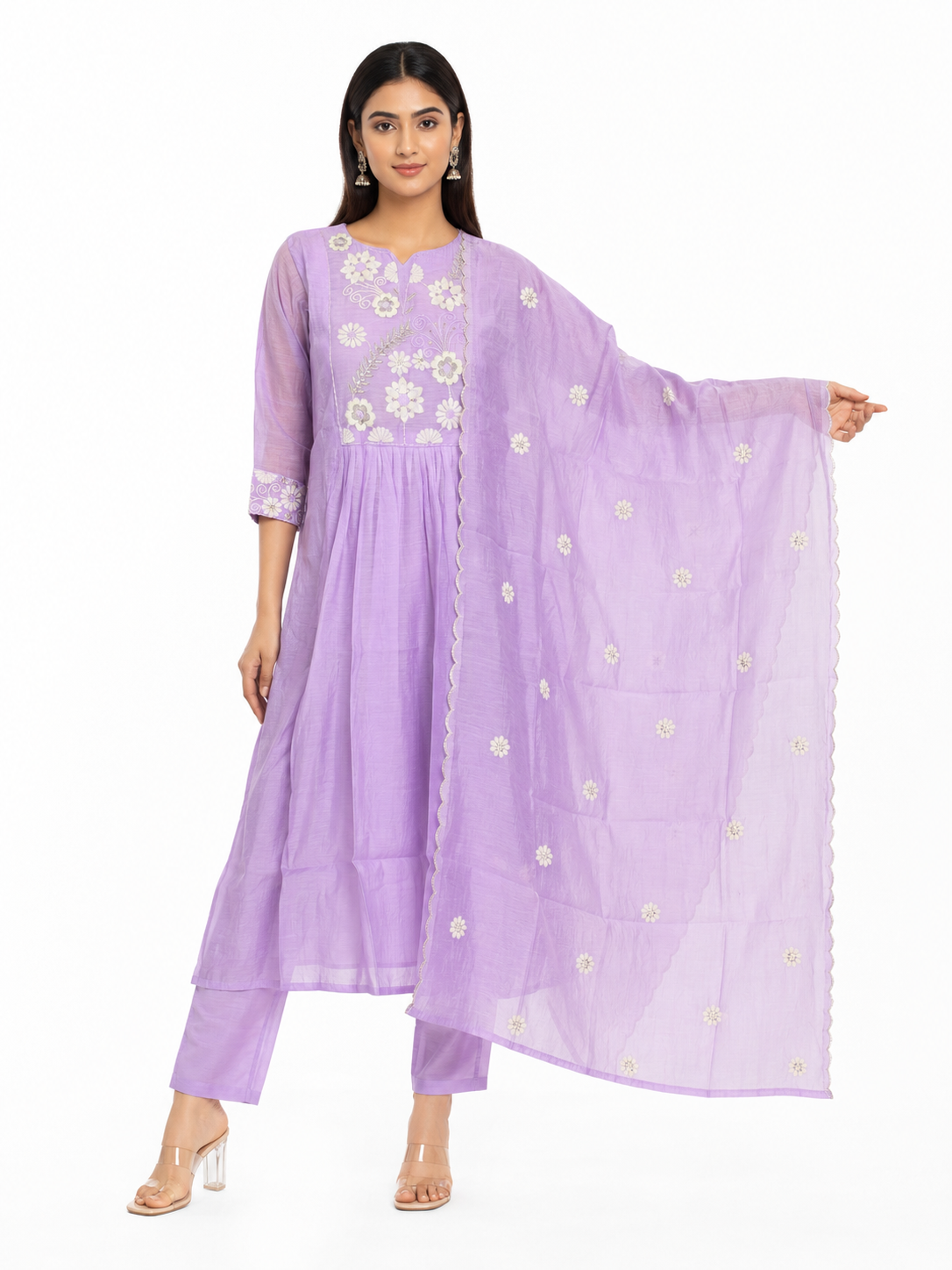 Chanderi Silk Anarkali Lavender Floral Embroidered Suit Set with Dupatta - Image 4