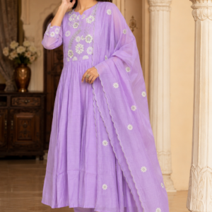 Chanderi Silk Anarkali Lavender Floral Embroidered Suit Set with Dupatta