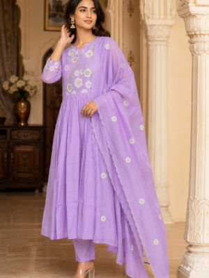 Chanderi Silk Anarkali Lavender Floral Embroidered Suit Set with Dupatta