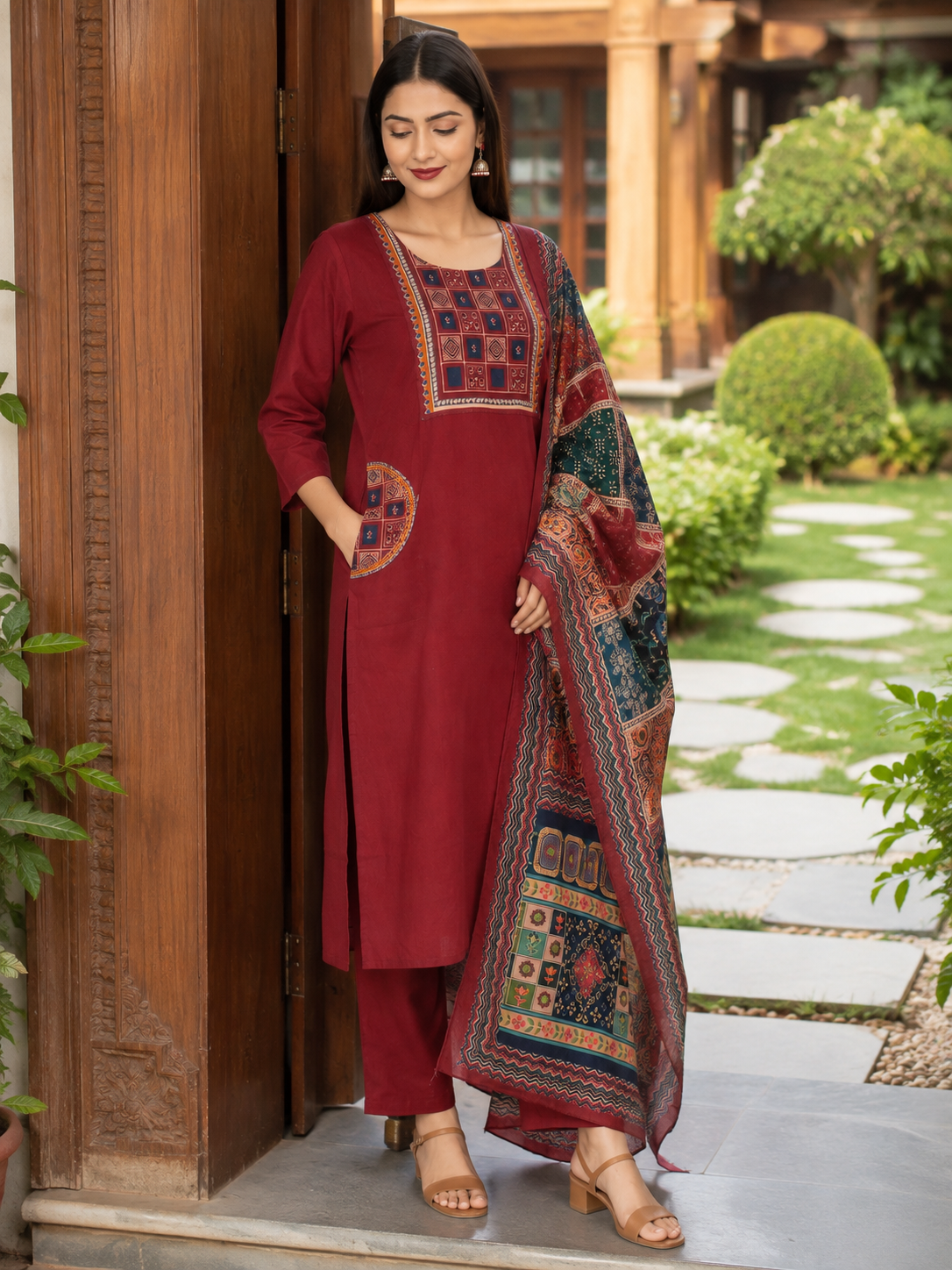 mul-cotton-women-suit-pant-set-with-dupatta-ajrakh-print