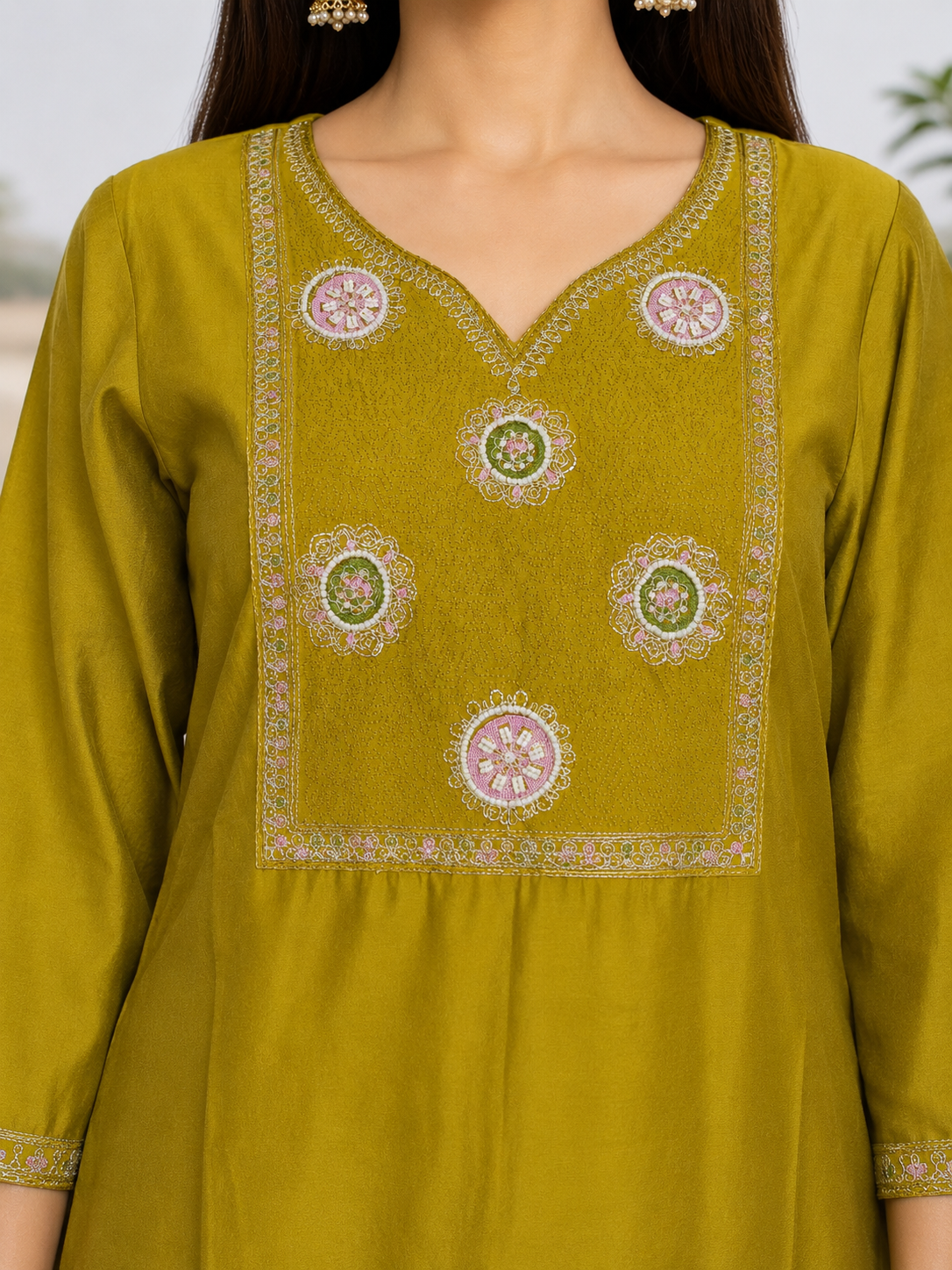 Women Muslin Kurta Pant Set with Dupatta | Beaded Embroidery Sequins Work - Image 3