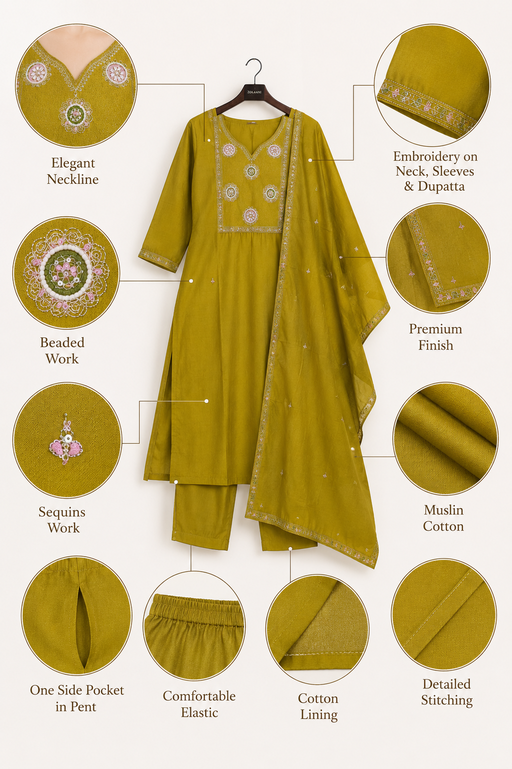 Women Muslin Kurta Pant Set with Dupatta | Beaded Embroidery Sequins Work - Image 7