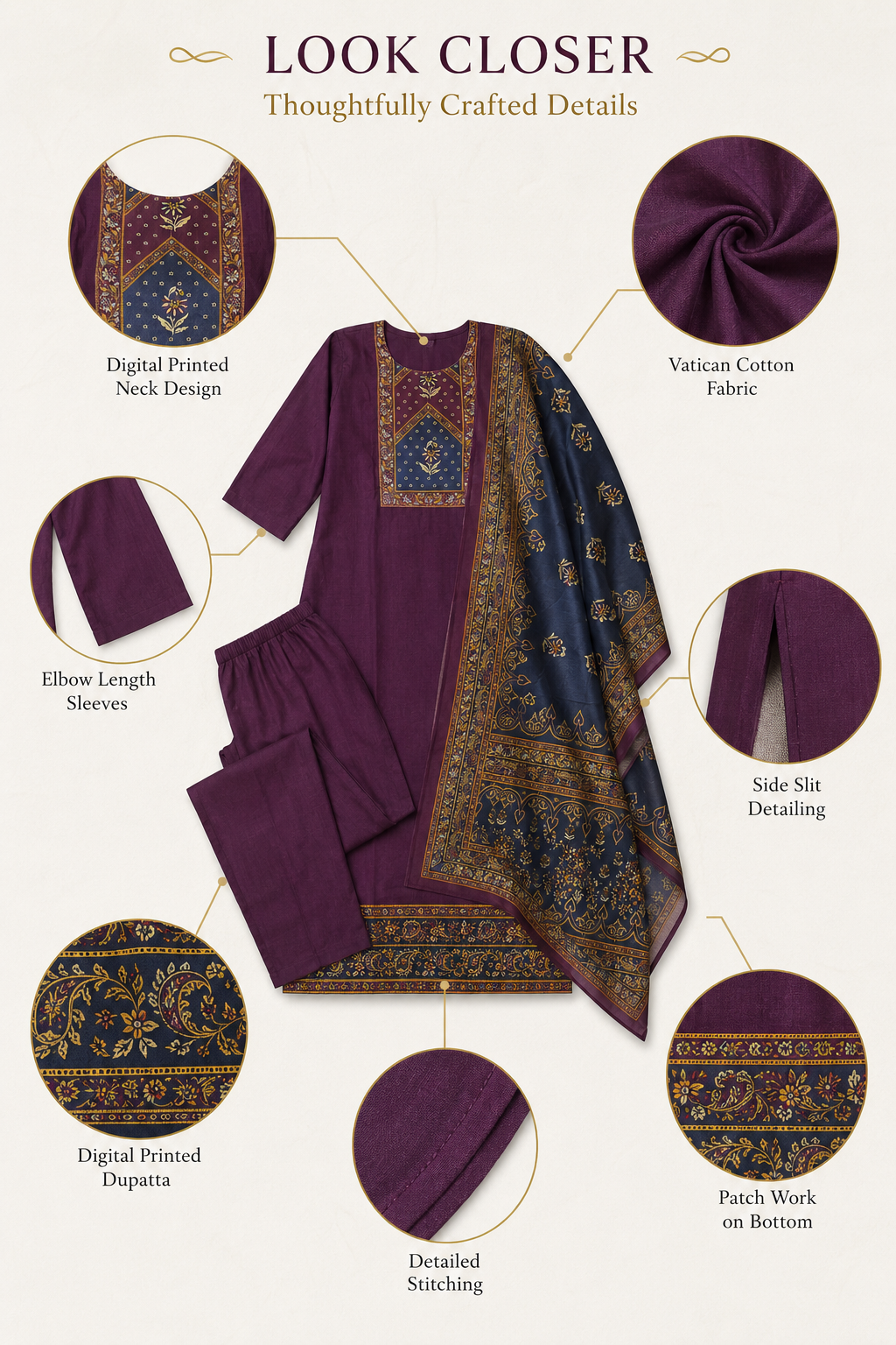 Vatican Cotton Printed Purple Navy Salwar Suit with Matching Dupatta - Image 6