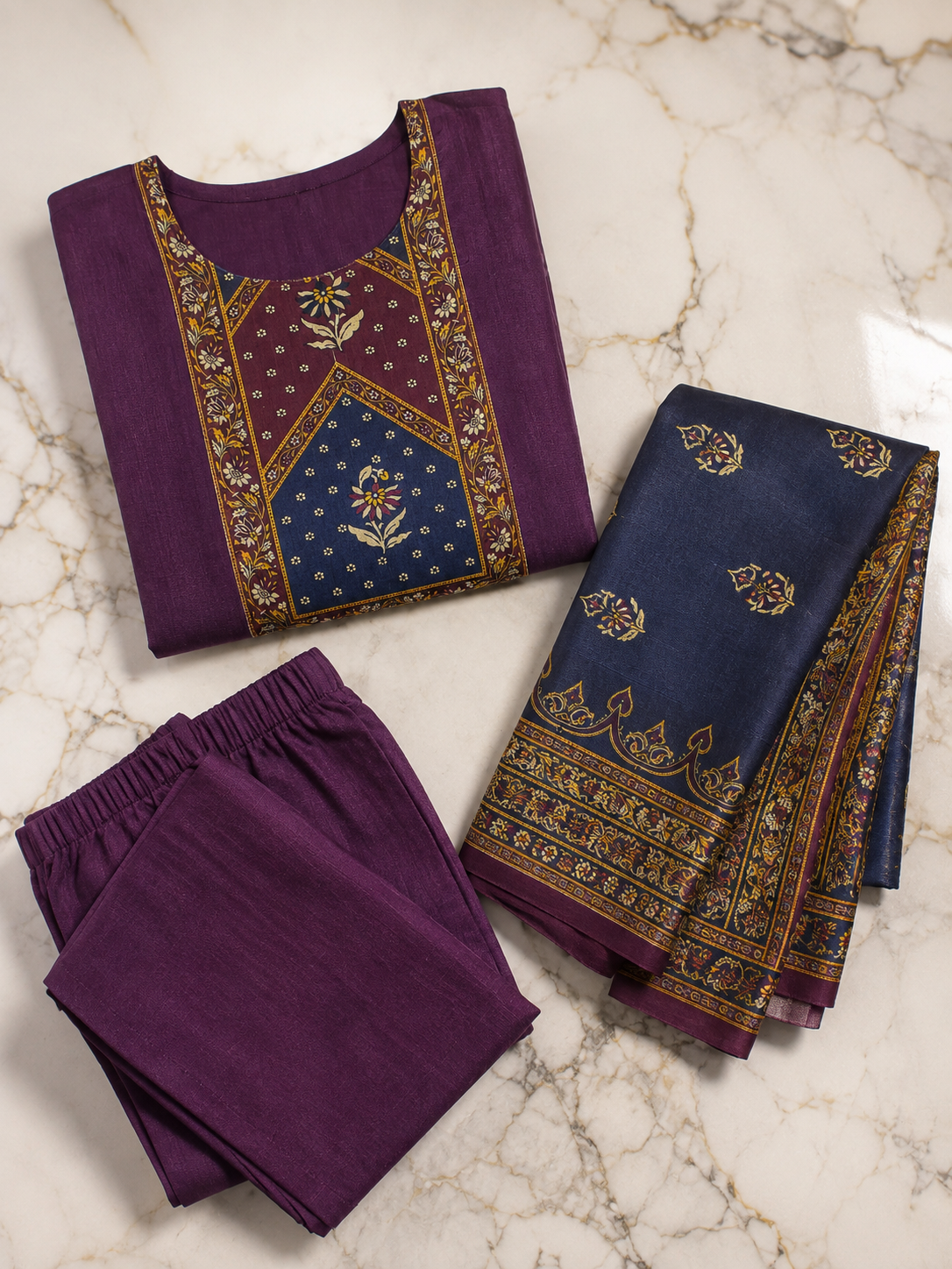 Vatican Cotton Printed Purple Navy Salwar Suit with Matching Dupatta - Image 5